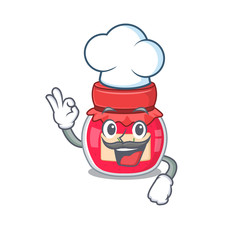 Strawberry jam cartoon character working as a chef and wearing white hat