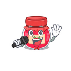 Happy strawberry jam singing on a microphone