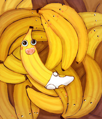 Funny illustration of a cute baby banana with a pacifier in diapers. Lots of bananas. Concept save a lone banana.