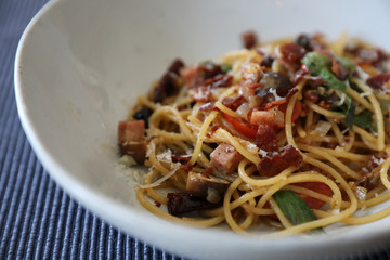 Dried Chili and Bacon Spaghetti on wood background