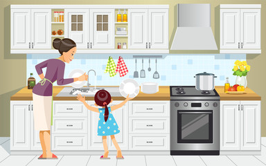 Mother and daughter washing the dishes. Girl Help Her Mum In Washing Dishes At Family Kitchen. Mother's day. Best mom. Concept motherhood child-rearing. Vector cartoon style illustration