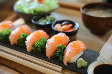 Salmon Sushi with soup salad Japanese local food