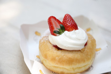Strawberry cake sweet dessert on wood background