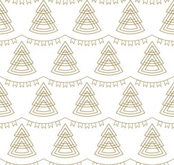 Seamless Geometric Pattern Of Christmas Trees And Garlands Of Flags. New Year. Gold Pattern On A White Background. For Decoration, Textile, Fabric, Wrapping Paper, Engraving And Laser Cutting.