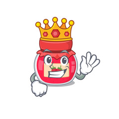 A cartoon mascot design of strawberry jam performed as a King on the stage