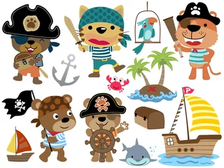 Fotobehang Piraten Grappige dieren piraat cartoon collectie set. Boekanier element cartoon