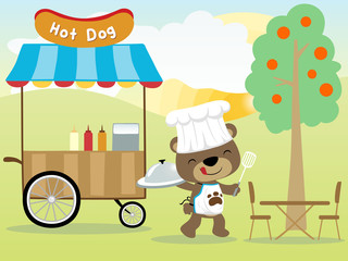 funny cartoon of hot dog cart with cute seller on nature background