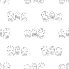 Seamless pattern. Easter cake or sweet bread or Paska. Soft Spring festive background and texture with traditional orthodox food in contour doodle style. Hand Drawn illustration