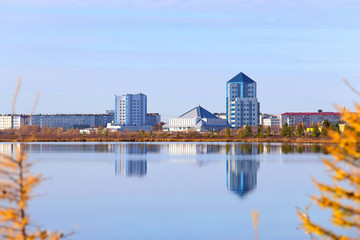 Nadym city and Yantarnoe lake in autumn in the North of Western Siberia