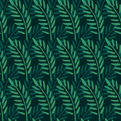 Exotic tropical vector seamless pattern. Leaves of palm trees, leaves in the jungle. Hand drawn. For design, wrapping paper, fabric, textile, carpets, clothes, wallpaper, trendy background.