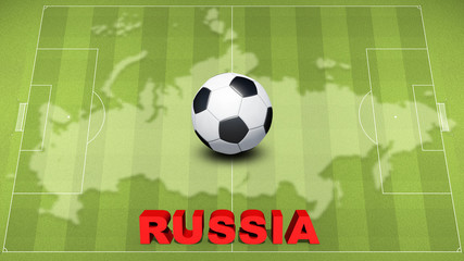 green football field with russia lettering and soccer ball 3D illustration against map of russia on green football grass pitch background. Top down wide view