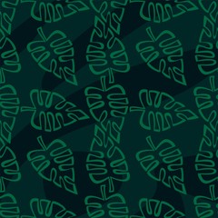 Exotic Tropical Vector Seamless Pattern. Leaves Of Palm Trees, Monstera, Leaves In The Jungle. Hand drawn. For Design, Wrapping Paper, Fabric, Textile, Carpets, Clothes, Wallpaper, Trendy Background.