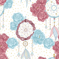 Vector hand drawn seamless pattern with dream catcher and peony flowers. Tribal background with hand drawn boho style elements peony and dreamcatchers. Best for wrapping, textile or print design