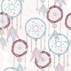 Vector hand drawn seamless pattern with dream catcher and feathers. Tribal background with hand drawn boho style elements feathers and dreamcatchers. Best for wrapping, textile or print design