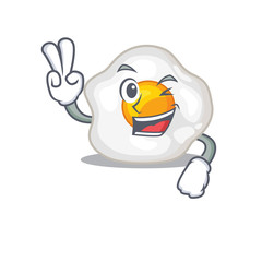mascot of funny fried egg cartoon Character with two fingers