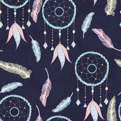 Vector hand drawn seamless pattern with dream catcher and feathers. Tribal background with hand drawn boho style elements feathers and dreamcatchers. Best for wrapping, textile or print design