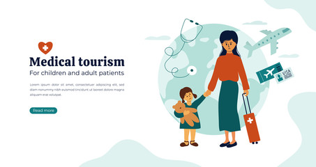 Organization of medical tourism and treatment all over the world for children and adult patients. Mother and daughter waiting for departure to hospital abroad. Vector illustration for flyer, web page.