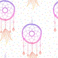 Foto op Plexiglas Hand getekende illustratie met Indiase dromenvangers en veren. Naadloze patroon. Vector illustratie. Etnisch design, boho chic, tribal symbool. Goede stof, textiel, behang © Juri Kam