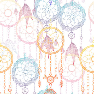 Hand drawn illustration with indian dreamcatchers and feathers. Seamless pattern. Vector illustration. Ethnic design, boho chic, tribal symbol. Good fabric, textile, wallpaper