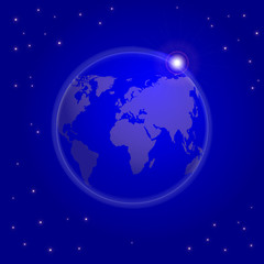 Earth from space. Night view. Moon rise on the horizon. Starry sky. Realistic vector illustration.