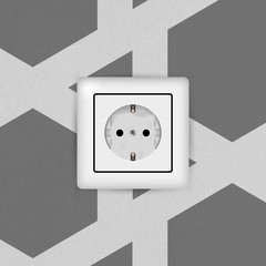Electric socket. Type F. 3D Realistic vector illustration. Empty white electrical outlet without plug. Textured vector wall with wallpaper.