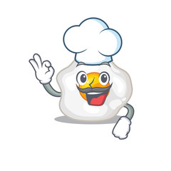 Fried egg cartoon character working as a chef and wearing white hat