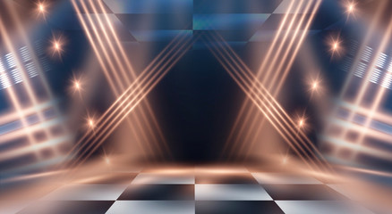 Abstract modern dark background. Dark empty scene with rays and spotlights. Night abstract blue background with golden light. Neon light, reflection.