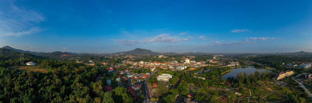 Aerial panaroma view town of Kulim, Kedah, Malaysia. The Kulim District is a district and town in the state of Kedah, Malaysia. It is located on the southeast of Kedah, bordering Penang. 