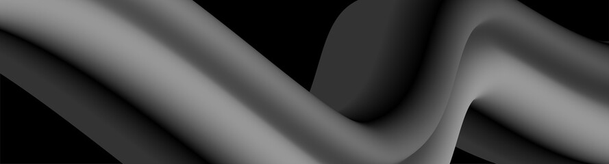 Panorama. Black and grey abstract background with 3d flow gradient shapes. Trendy horizontal design template for banners, flyers, covers, presentations, identity, landing pages. Vector illustration. 