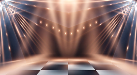 Abstract modern dark background. Dark empty scene with rays and spotlights. Night abstract blue background with golden light. Neon light, reflection.