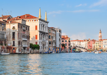 Grand canal with gondolas and Rialto bridge, Venice, Italy