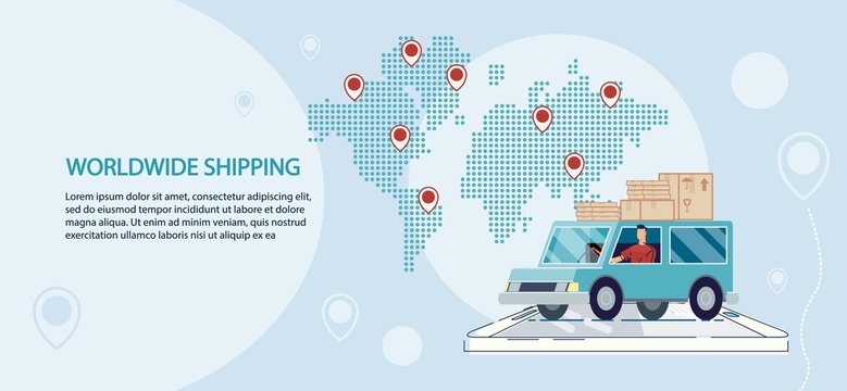 Worldwide Lorry Truck Shipping and Logistics Service Advertisement. Van Vehicle Loaded with Cardboard Parcels, World Map with Location Destination Marks. Cargo Transportation, Freight Shipment