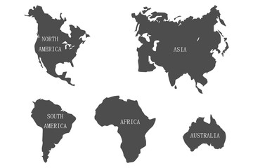 Continents of the world with names, gray isolated on a white background