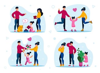 Fototapeta premium Family Recreation Activities, Happy Childhood Trendy Flat Vector Concepts Set. Parents with Children Roller-Skating, Spending Time Together, Feeding Cat, Playing in Hide-and-Seek Isolated Illustration