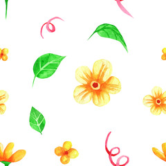 Watercolor cute ornate flowers seamless pattern. Flourish background in decorative style. Detailed colorful flowers, petals and natural elements. Hand painted floral illustration