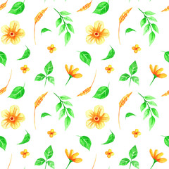 Watercolor cute ornate flowers seamless pattern. Flourish background in decorative style. Detailed colorful flowers, petals and natural elements. Hand painted floral illustration