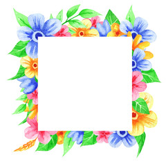 Watercolor wild flowers in paper cut style inside frame with copy space. Simple and beautiful compositions. Good for paper cards, logos, label, tags, scrapbooking, sticker pack, baby shower