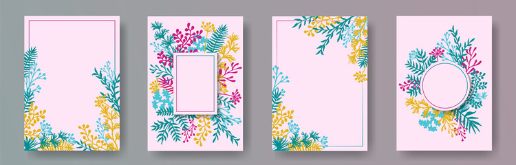 Botanical herb twigs, tree branches, flowers floral invitation cards templates. Herbal corners modern cards design with dandelion flowers, fern, mistletoe, olive branches, savory twigs.