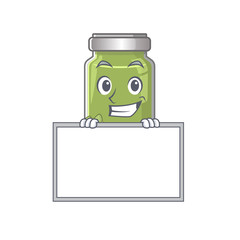 Pistachio butter cartoon design concept grinning with board