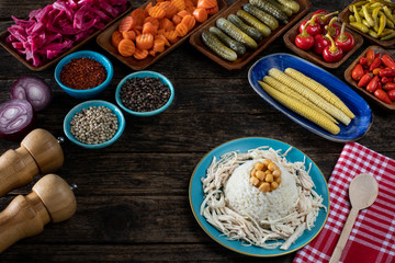 Turkish traditional street food chicken and rice with chickpeas. Tavuklu pilav concept