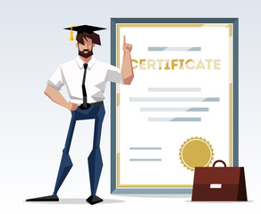 Professional certification, business education concepts. Happy man with a finger up in suit with diploma and gold award medal. Flat design illustration businessman showing thumbs up gesture.