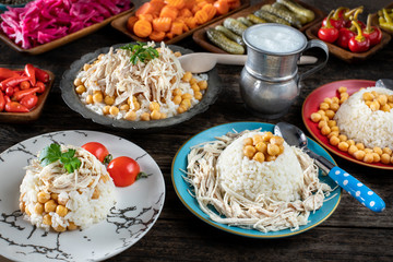 Turkish traditional street food chicken and rice with chickpeas. Tavuklu pilav concept