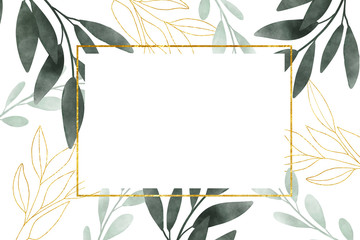 Watercolor frame with leaves on a white background. Gold frame with line floral and watercolor leaves. Postcard design, wedding invitation.