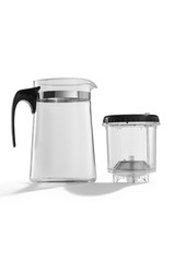 Subject shot of a clear glass teapot with a black handle and a removable infuser with a black cover. The disassembled transparent jug is isolated on the white background.