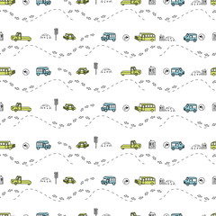 Colored seamless background with a variety of vehicles, signs, road