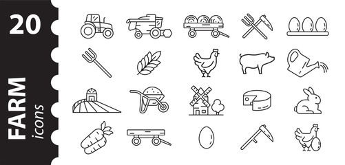 Farm icon set. Linear symbols of animals, plants, tractor, harvester, barn on an isolated white background. Vector illustration in flat style.