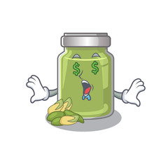 Happy rich pistachio butter cartoon character with Money eye
