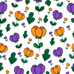 Spring flowers purple and orange tulips vector illustration seamless pattern