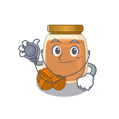 A mascot picture of walnut butter cartoon as a Doctor with tools