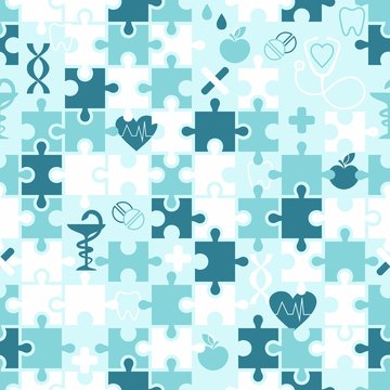 Seamless pattern with a picture of puzzles with medical infographics. For medical personnel.